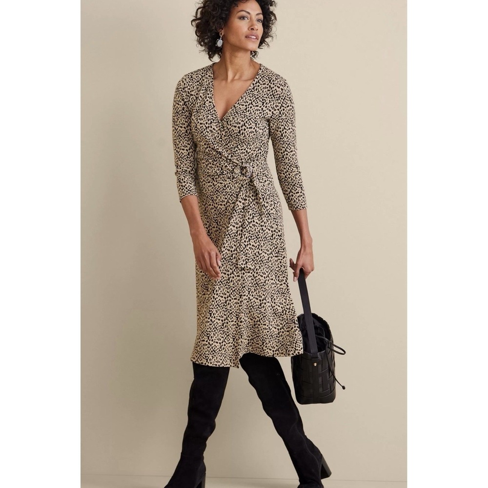 Soft‎ Surroundings Damaria Leopard Print Faux Wrap Midi Dress Petite Medium PM